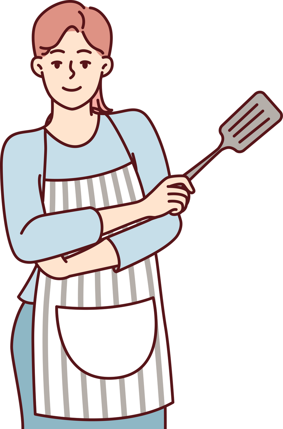 Smiling woman housewife in apron stands with arms crossed with spatula for cooking. Vector image